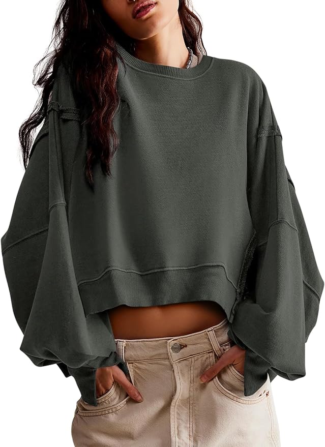 Zwurew Womens Casual Sweatshirt Cropped Shirts | Loose Fit, Tee Top, Pullover, Crop Hem, Design Trim, Daily Tops