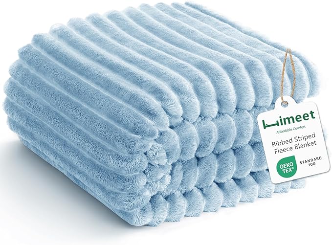 HIMEET Light Blue Oversized Throw Blanket, 300GSM Ribbed Fleece, 50 x 70 in | Ultra Soft Flannel, All-Season Lightweight Warmth, Extra Coverage for Couch Lounging, Home Room Decor, Machine Washable