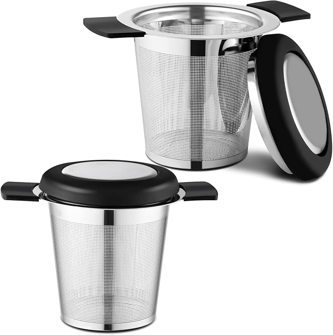 2 Pack Tea Strainers for Loose Tea Stainless Steel Fine Mesh Steeper & Infuser with Large Capacity Tea Diffuser Basket and Lid Fits for Cup