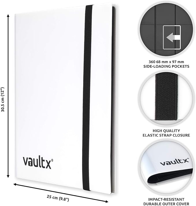 Vault X 9 Pocket Standard Strap Binder, Holds 360 Trading Cards in 20 Side-Loading Pages (White)