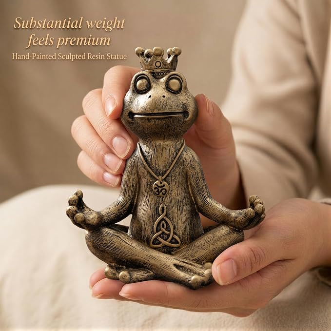 Meditating Zen Frog Statue Decor with Bonus Om Necklace - 5.8" Hand-Painted Resin Figurine - Yoga Room, Office Desk & Shelf Ornaments - Mindful Spiritual Gift for Women & Yoga Lovers（Gold）