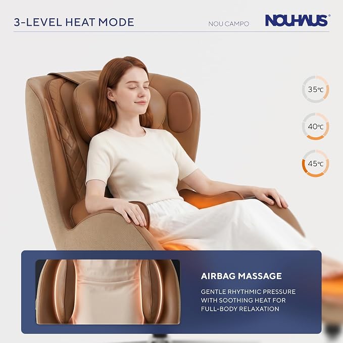 Nouhaus NOU Campo Heated Massage Chair,Full Body Massaging Zero-Gravity Leisure Recliner with Low-Noise 3D Massage and Dual Sound Systems Modern Massage Chairs (Dark Caramel)