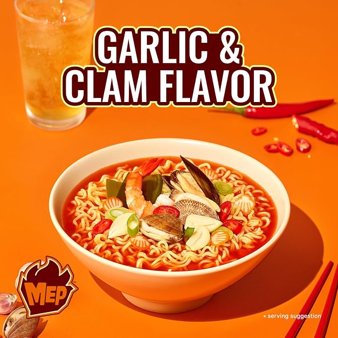 MEP Garlic Clam Bone Broth Korean Spicy Ramen Noodle Soup, 3.88 oz 4-Pack | ENHYPEN Pick; Refreshing garlic-clam seafood bone broth; Chewy qq-texture noodles; Stovetop easy-cook family pack