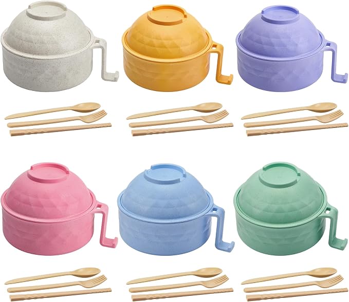 6 Sets Microwave Ramen Bowl Bulk 40 oz Wheat Straw Instant Ramen Cooker Set Portable Noodle Cooker with Handle Spoon Chopsticks Fork for College Dorm Room Gift (Fresh Colors)