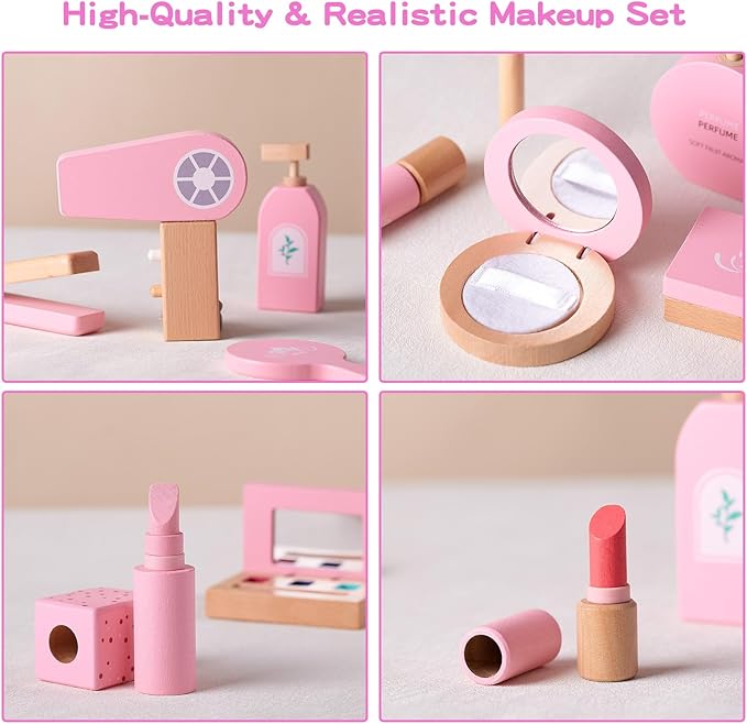 Ehome Wooden Beauty Salon Play Set, Makeup Kit Play Set Wood Makeup Toy Set for Toddler Pretend Play Makeup Kit with Realistic Accessories for Girls 3 4 5 6 7 8 Year Old Christmas Birthday Gifts