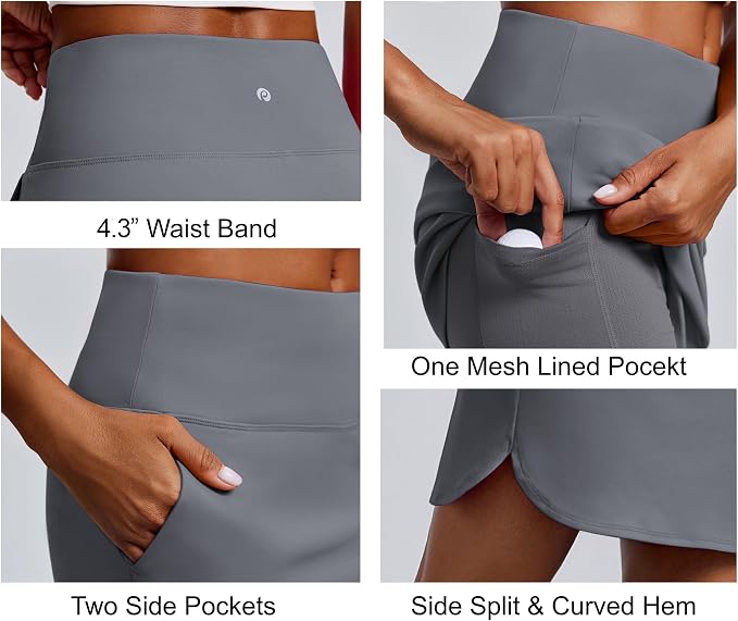 PINSPARK 18" Skorts for Woman Above Knee Length Golf Skirts 3 Pockets | High Waist, Built in Shorts, UV Protection, 4-Way Stretch, Soft, Dolphin Hem, Athletic, Tennis, Pickleabll, Casual