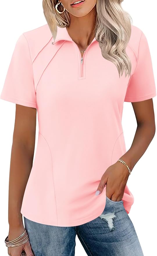 LOMON Womens Golf Polo Shirt Summer Short Sleeve Quarter Zip Outfit | Side-Pockets,Princess Seams,Cotton,Wrinkle Free,Moisture Wicking,Quick-Dry,Lightweight,Collared,for Tennis Workout