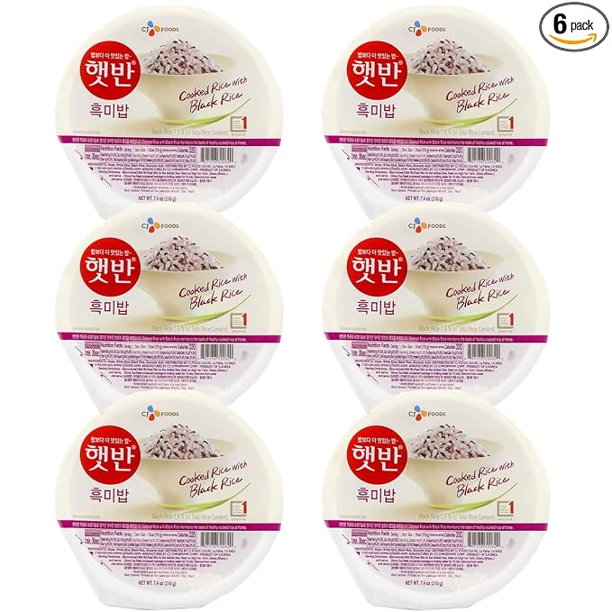 CJ Korean Cooked Rice with Black Rice, microwaveable instant fresh rice - Pack of 6 (210g each)