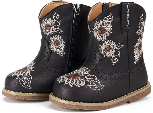 Newsonet Baby Cowboy Cowgirl Boots Infant Western Boots Toddler Boys Girls Round Toe Riding Mid Calf Boots All Seasons for 6 9 12 18 24 Months