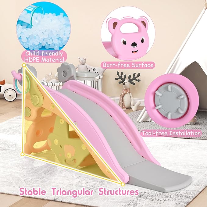 HONEY JOY Toddler Slide Rocking Toy, 6 in 1 Convertible Freestanding Slide for Kids w/Basketball Hoop/Ring Toss Game/Rocking Horse/Stool, Foldable Baby Climber Playground Slide for Indoors Outdoors