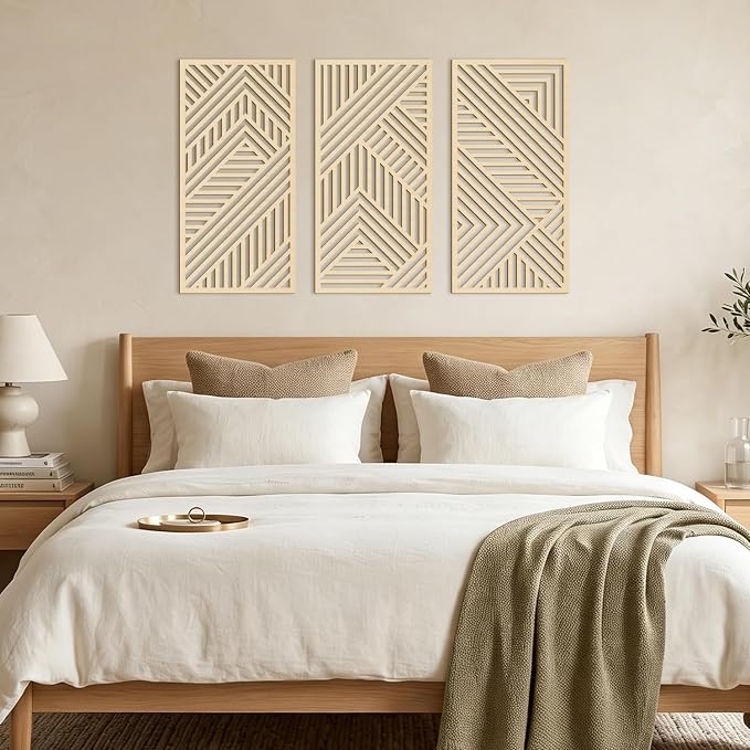IARTTOP Large Boho Wood Wall Art 16x32 Inch Mid Century Modern Wooden Wall Decor Minimalist Abstract Geometric Artwork for Living Room Office Set of 3