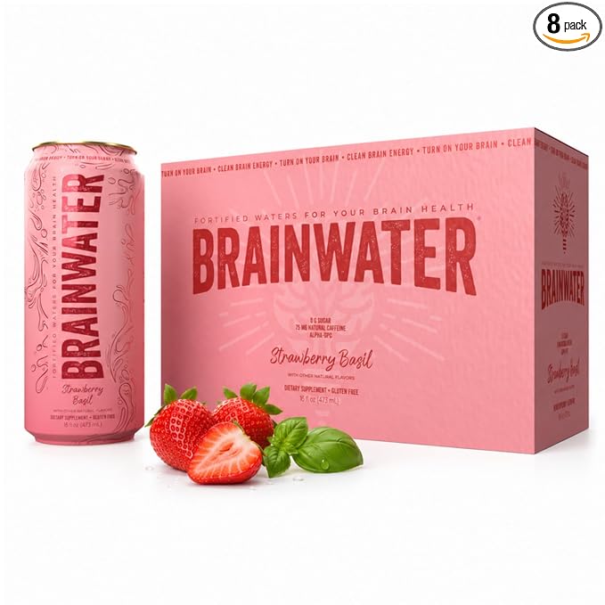 BrainJuice BrainWater Calm, Water for Clean Energy, Focus & Relaxation Support, Gluten Free, Zero Sugar Drinks with Ashwagandha, Alpha GPC, Vitamin C & B, Organic Green Tea, 8 Pack (Strawberry Basil)