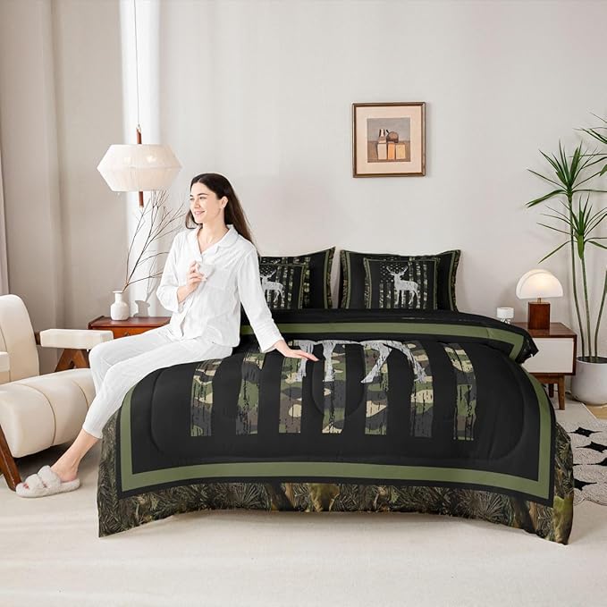 Feelyou Green Hunting Camo King Comforter Set with Sheets for Kids Boys Girls American Flag Deer 7 Pieces Bedding Set Wild Animal Hunter Bed in a Bag Room Decor Soft Lightweight Microfiber