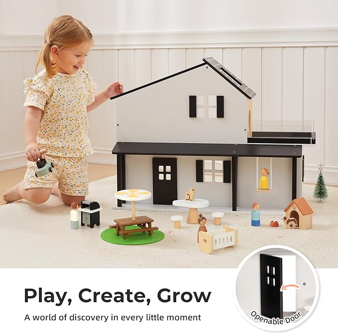 OOOK Wooden Dollhouse, Modern Doll House with Garage and 60Pcs Luxurious Furniture Accessories, Including Dolls and Pet Sets, Wood Dollhouse Toy for Boys and Girls 3+