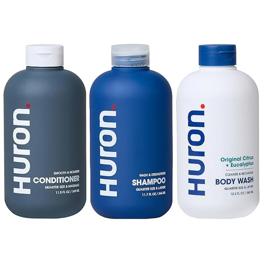 Huron Men’s Shower Kit – Shampoo, Conditioner & Body Wash with Citrus + Eucalyptus Scent, Hydrating, Phthalate Free, non-toxic Ingredients for Hair & Skin Care, 12 fl oz (Pack of 3)