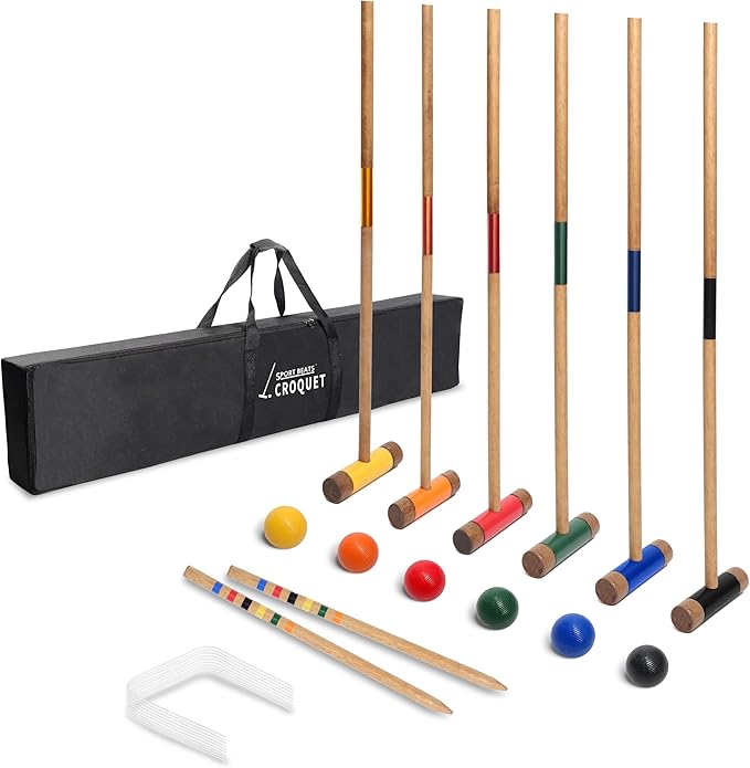 SPORT BEATS Six Player Croquet Set Solid RubberWood 36 Inch Mallets with Carry Case, Six Balls, Nine Wickets, 2 Stakes for Backyard Outdoor Games