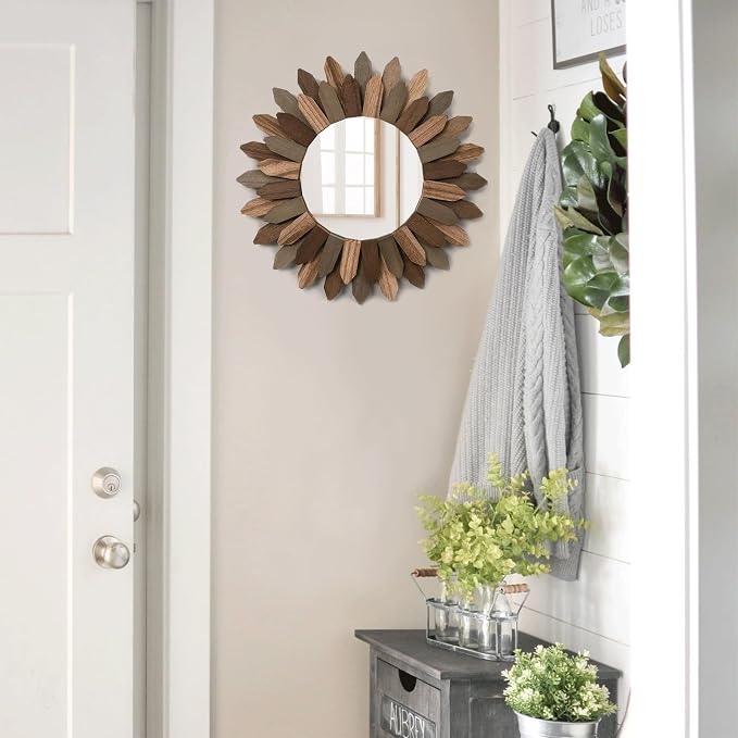 Boho Wall Decor Mirror 2 Pack 12 inch Rustic Wood Decorative Mirror for Room Decor Rustic Farmhouse Wall Decor for Bedroom Bathroom Living Room Entryway Tril Color