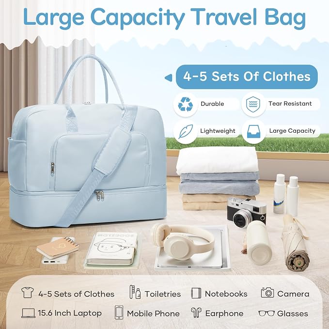 Travel Duffle Bag,Weekender Bags for Women with Shoe Compartment Personal Item Travel Bag Carry on Overnight Bags For Airplanes Gym Duffel Bag with Wet Pocket Hospital Bag for Labor and Delivery Blue