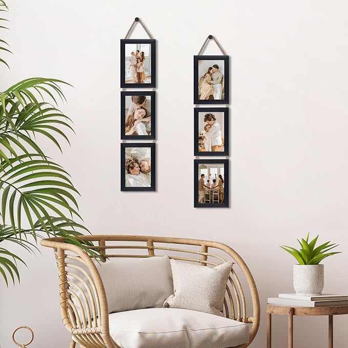 QUTREY 4x6 Picture Frames Collage Black, 3 Openings 4 x 6 Vertical Hanging Photo Frames Display 4 by 6 inch Pictures for Wall Decor