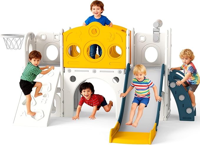 GITAWUSA 9 in 1 Toddler Slide Set Playground Indoor & Outdoor Fun for Kids & Babies Aged 1-3, Featuring Climbing Board, Basketball Hoop, Telescope, Storage Space and Non-Slip Steps, Yellow & Green