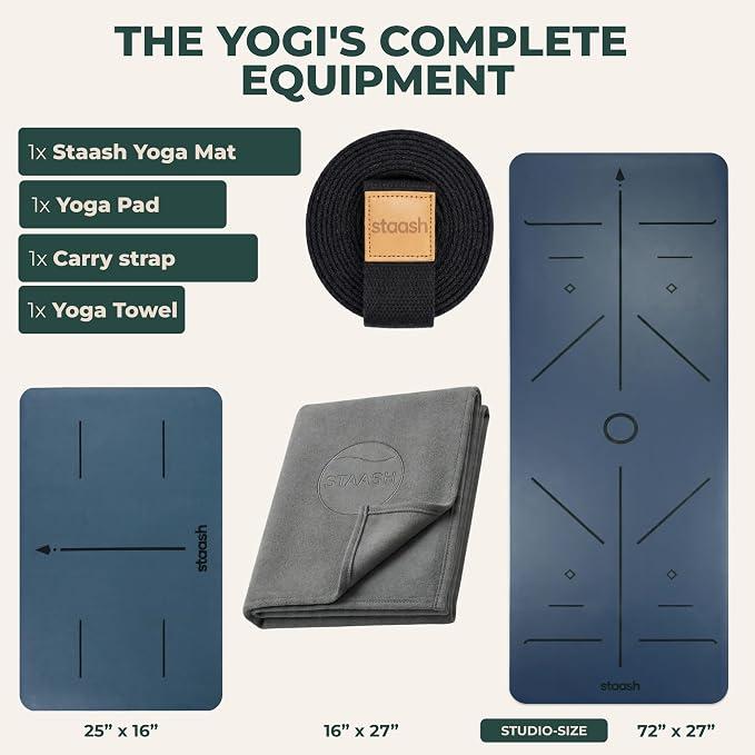 STAASH Premium Yoga Set – PU & Natural Rubber Mat + Towel + Strap + Knee Pad – Non-Slip Grip, Eco-Friendly, Studio Quality