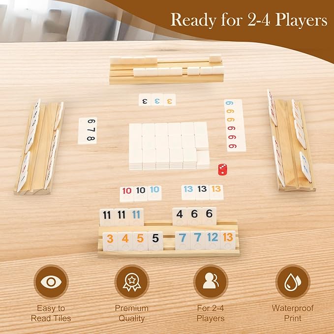 4 Players Rummy Game Set, 106 Melamine Tiles, 4 Wooden Racks, Premium Portable Case, Tile Board Games for Adults, Easter Bastket Stuffers, Easter Gifts for Men Women Dad Mom