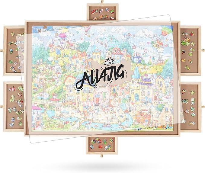 ALL4JIG 2000 Pieces Rotating Puzzle Board with 6 Drawers and Cover,28"x40"Portable Wooden Jigsaw Puzzle Table for Adults,Lazy Susan Spinning Puzzle Boards Birthday Gift for mom