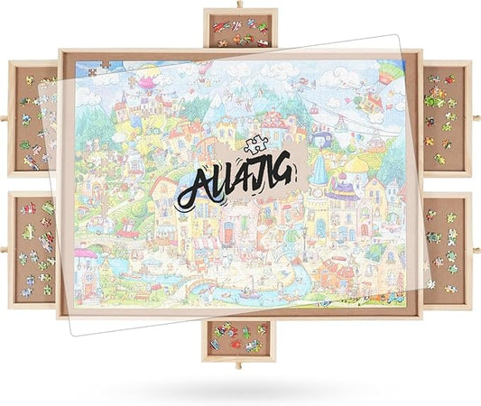 ALL4JIG 2000 Pieces Rotating Puzzle Board with 6 Drawers and Cover,28"x40"Portable Wooden Jigsaw Puzzle Table for Adults,Lazy Susan Spinning Puzzle Boards Birthday Gift for mom
