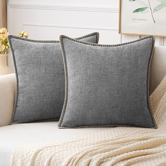 MIULEE Decorative Couch Throw Pillow Covers 20x20 Inch Dark Gray 2 Pack | Farmhouse Pillow Covers with Stitched Edge, Soft Chenille Cushion Cases, for Sofa Bed Living Room Home Decor