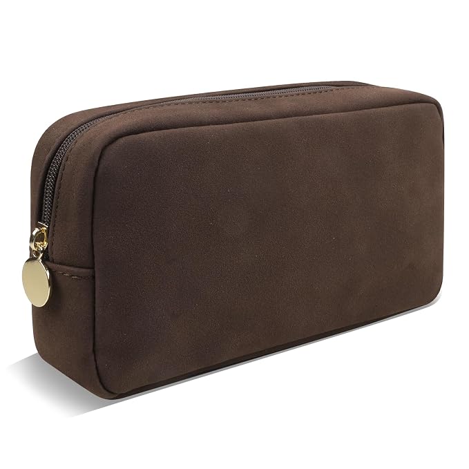 UIXIZQ Small Makeup Pouch for Purse, Suede Travel Toiletry Storage Pouch Cute Preppy Cosmetic Bag for Women Girls, Waterproof Makeup Organizer Skincare Bag Purse with Zipper (Small-Coffee)