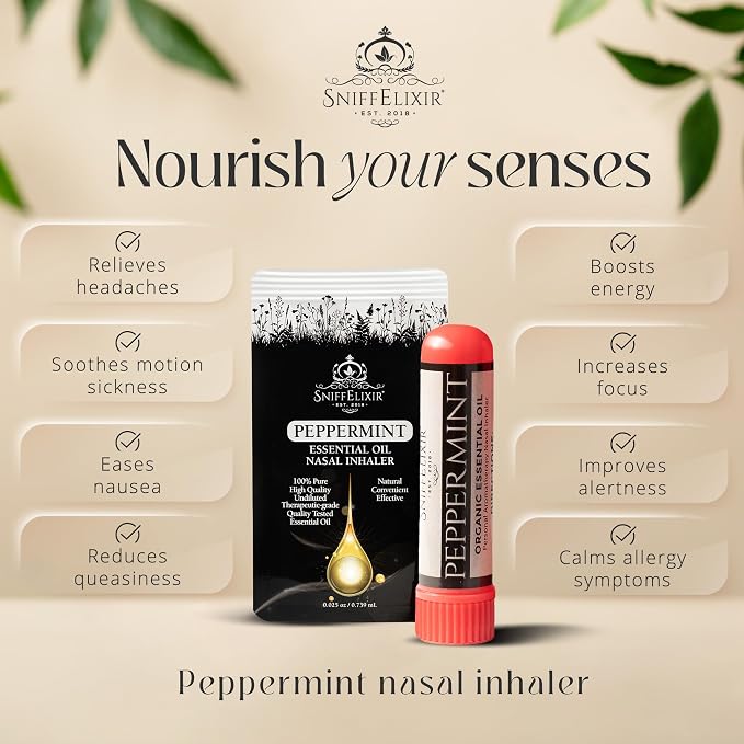 Peppermint Oil Aromatherapy Nasal Stick Vapor Inhaler for Migraine Relief - Nausea & Motion Sickness, USA Made with Organic Essential Oils, Tension Headache