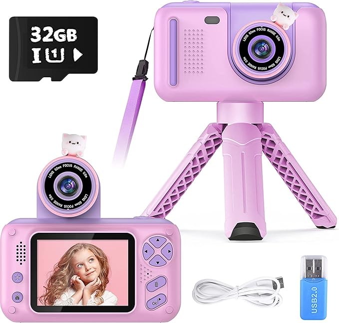Kids Camera with Flip-up Lens for Selfie & Video, HD Digital Camera with 32GB SD Card, Ideal for 3-8 Years Old Girls Boys on Birthday Christmas Party as Gift