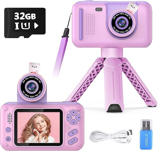 Kids Camera with Flip-up Lens for Selfie & Video, HD Digital Camera with 32GB SD Card, Ideal for 3-8 Years Old Girls Boys on Birthday Christmas Party as Gift