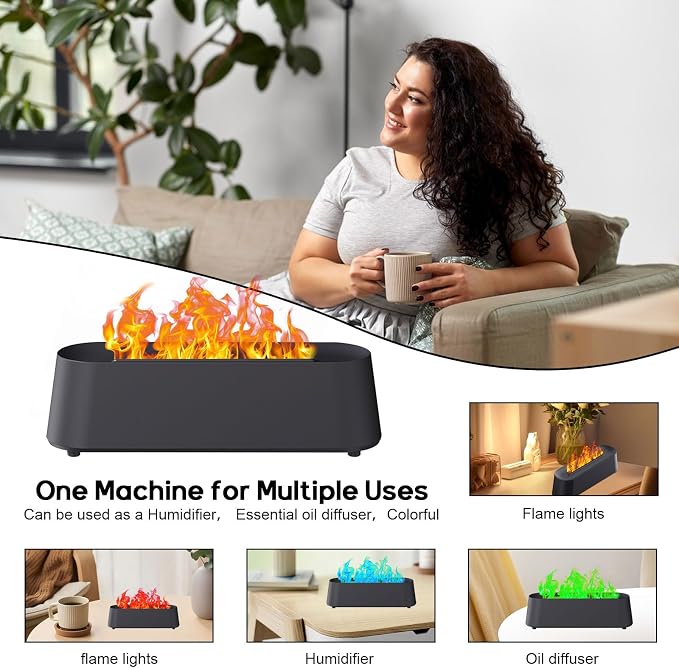 Fireplace Flame Diffuser, Aromatherapy Essential Oil Diffuser, 80ml Cool Mist Ultrasonic Humidifier for Bedroom,Office,Home,Yoga, Timer & Auto Shut-Off, 7 Colorful Night Light