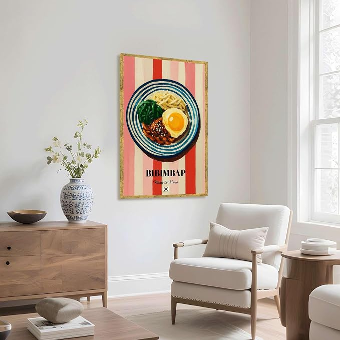 Bibimbap Poster Canvas Print Art Print Modern Korean Food Painting Trendy Kitchen Wall Art Home Decor Wall Decoration for Living Room Bar Apartment Pictures (Wood Framed,12L x 16W)