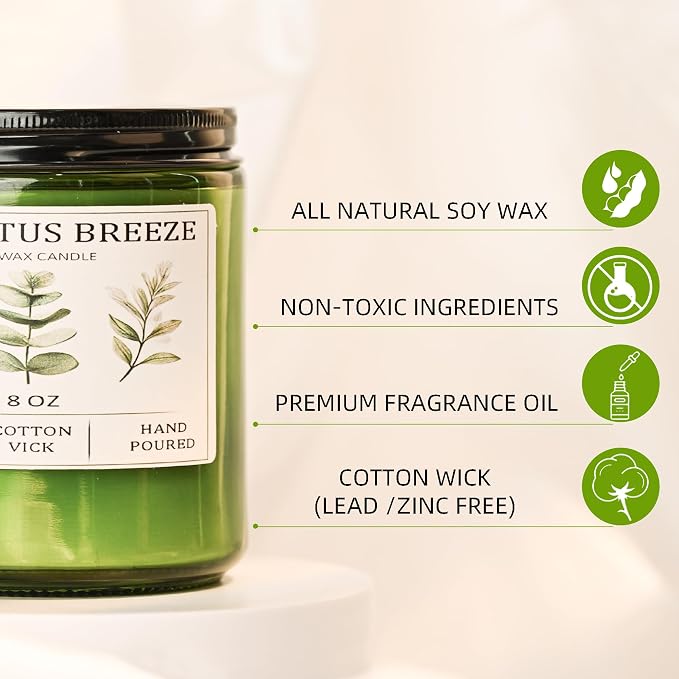Eucalyptus & Mint Candles for Home Scented, 40 Hours Burn Soy Candle Gift for Women Stress Relief, Meditation, Yoga, Relaxing, Natural Soy Wax for Men and Women, 8oz