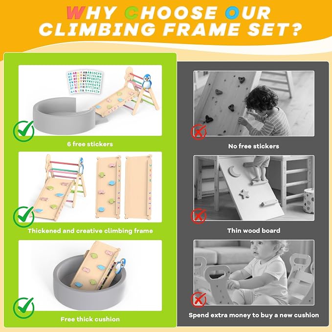 Acenova Pikler Triangle Climbing Set with Cushion and DIY Name Stickers, Montessori Wooden Climbing Gym for Toddlers, Indoor Jungle Gym, Dinosaur Pikler Triangle Arch Ramp Climber Toy