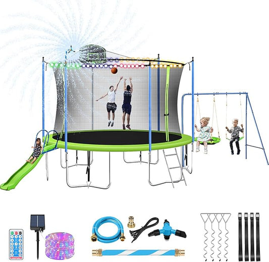 Lyromix 12FT 14FT Trampoline with Slide and Swings, ASTM Approved Outdoor Trampoline with Basketball Hoop and Ladder, Capacity for 5-7 Kids and Adults
