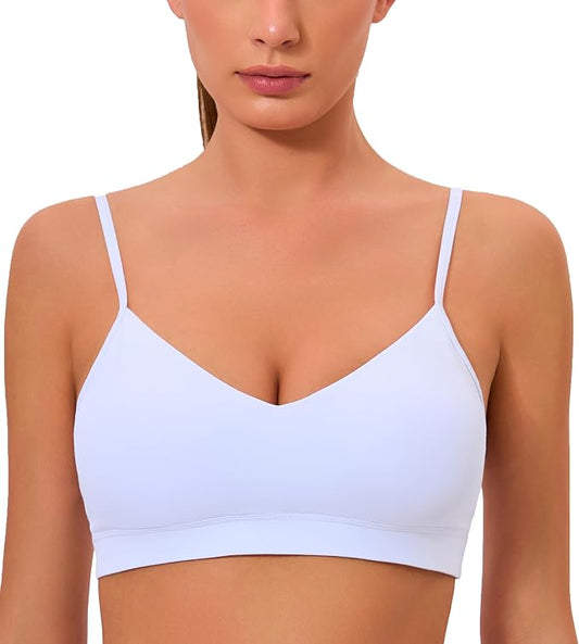 Oalka V Neck Sports Bra for Women Adjustable Padded Thin Straps Wireless Yoga Bras