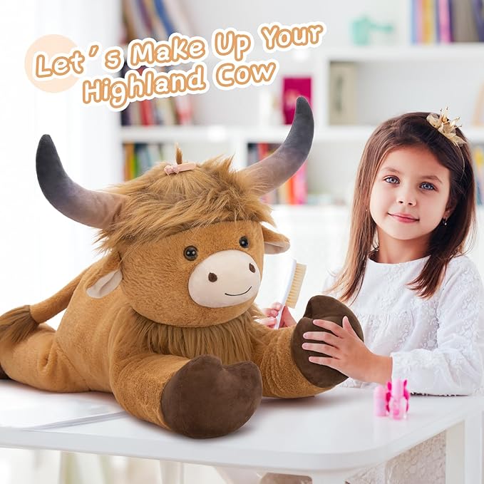 MaoGoLan Big Highland Cow Stuffed Animal for Kid,Large Cow Plush Pillow for Riding,Longhorn Stuffed Animal with Hair,Large Plush Farm Animal for Baby Shower, Birthday Gift,32 inches