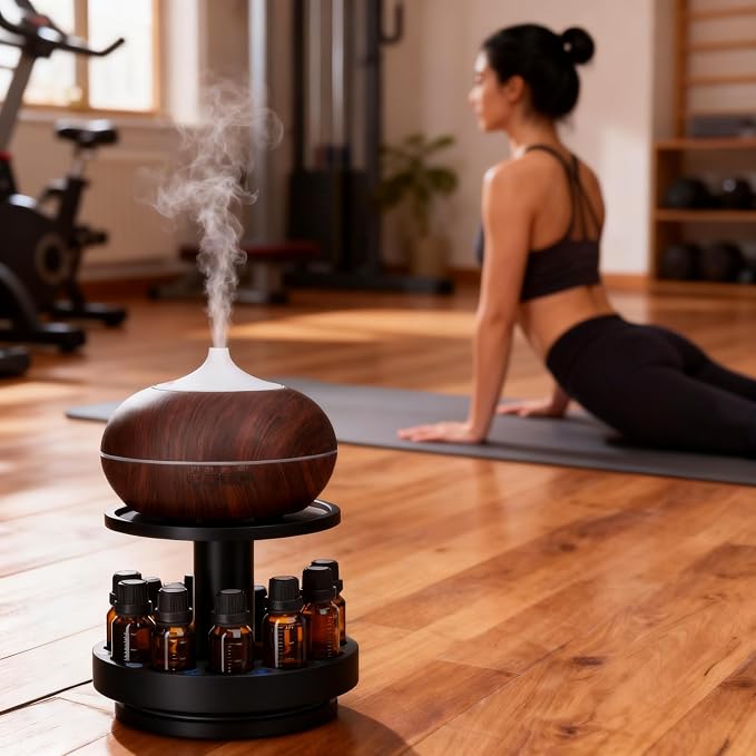 TJ.MOREE Bamboo Essential Oil Organizer 2-Tier Carousel Holder, Black | Bamboo Material, Fits 5 ml to 30 ml Essential Oil Bottles, Suitable for Home and Office Spaces