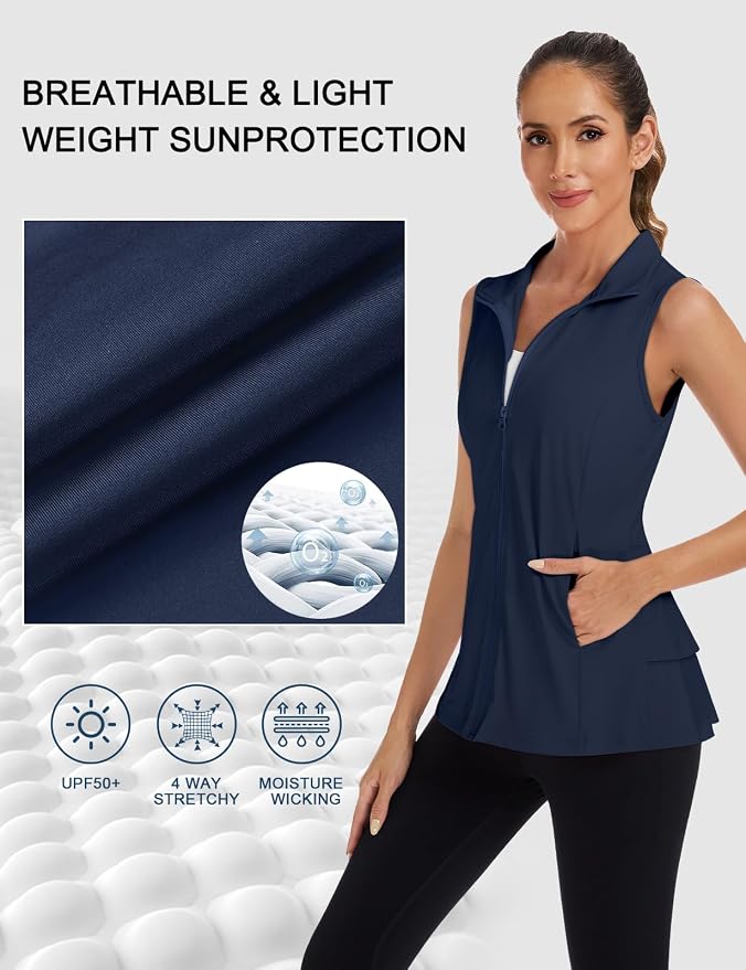 Women's Golf Vest with Pleated Tennis Skirt Hem Lightweight Full Zip Sleeveless Athletic Shirts with Pockets