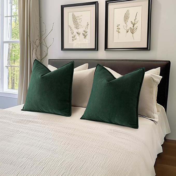 MIULEE Pack of 2 Green Decorative Chenille Pillow Covers 20x20 Inch | Soft Couch Throw Pillows,Farmhouse Cushion Covers with Elegant Design for Sofa,Bedroom,Living Room,Spring Home Decor