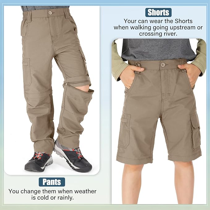 linlon Kids' Cargo Pants, Boy's Casual Outdoor Quick Dry Waterproof Hiking Climbing Convertible Trousers #9016