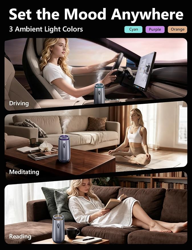 Waterless Essential Oil Diffuser, Rechargeable Portable Aromatherapy | Oil-Saving Design | Smart Memory | Aluminum | 3 Mist Levels | 3 Ambient Light Modes | Ultra Quiet | for Home Office Car