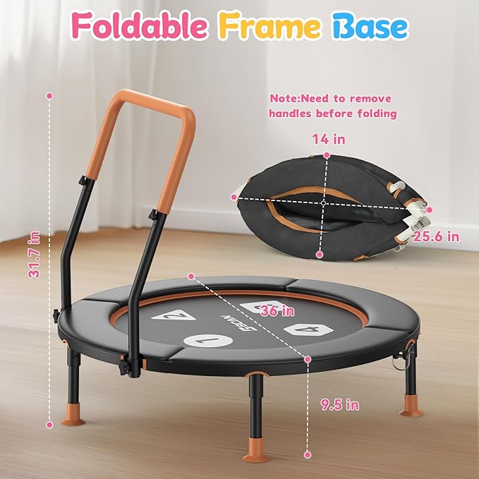 BCAN BT1 36'' Toddler Trampoline, ASTM Certified-Foldable Mini Trampolines for Kids Ages 1-6, Adjustable Handle, Safety Pad & Foldable Legs, Baby Trampoline Indoor/Garden, Gift for Boy and Girl