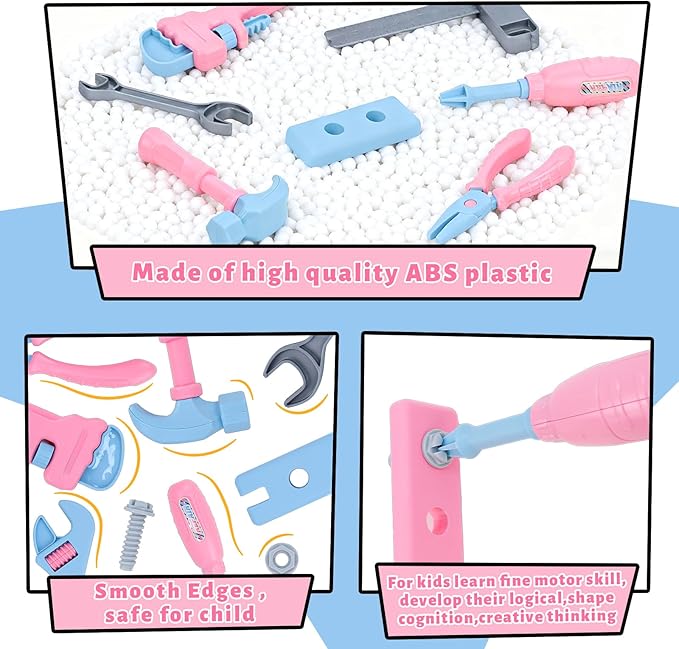 Magic4U Kids Tool Set with Tool Bag & Tape Measure, Toddler Tool Set Pretend Play Construction Toys,Ideal Birthday for Kids Age 3-6 Years Old (Pink)