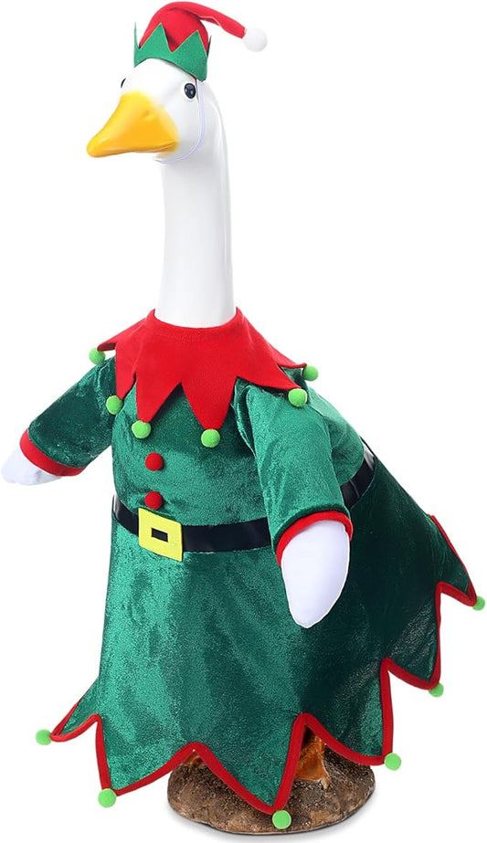 Christmas Goose Outfit Clothes for 23" High Cement or Plastic Goose Elf Red Green Costume Porch Garden Costume for Yard Outdoor Patio Xmas Holiday Decor