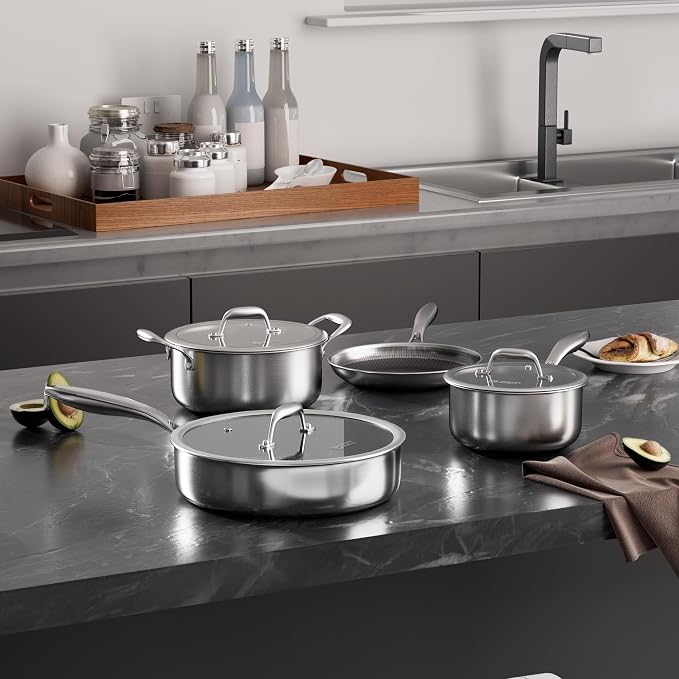 COOKER KING 7pcs Stainless Steel Cookware Set, Hybrid Pots and Pans Set | Non Stick, Non-Toxic, PFOA Free, Oven Safe, Induction Compatible