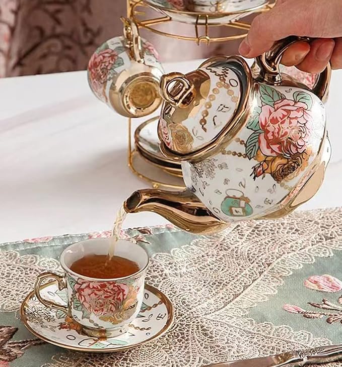 CHANJOON Gold Plated Red Rose Ceramic Tea Set, Vintage Tea Sets with Teapot, Beautiful Tea Set Coffee Serving 6 People (Golden, large)